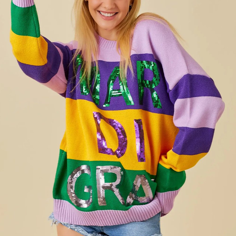 Custom Wholesale Women Mardi Gras Stripe Color Block Sweater Crew Neck Knitted Pullover Sequin Mardi Gras Apparel For Women