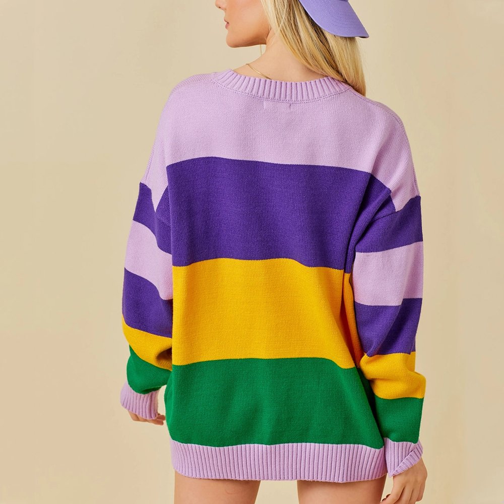 Custom Wholesale Women Mardi Gras Stripe Color Block Sweater Crew Neck Knitted Pullover Sequin Mardi Gras Apparel For Women