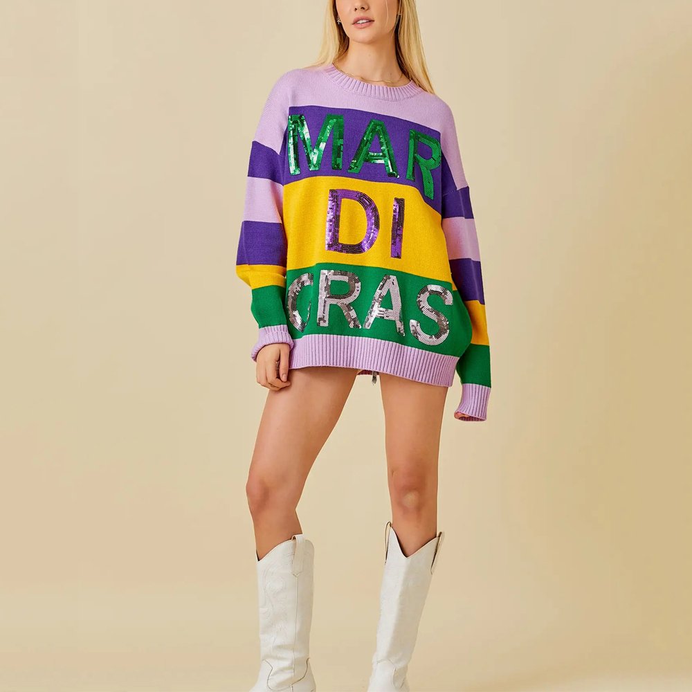 Custom Wholesale Women Mardi Gras Stripe Color Block Sweater Crew Neck Knitted Pullover Sequin Mardi Gras Apparel For Women