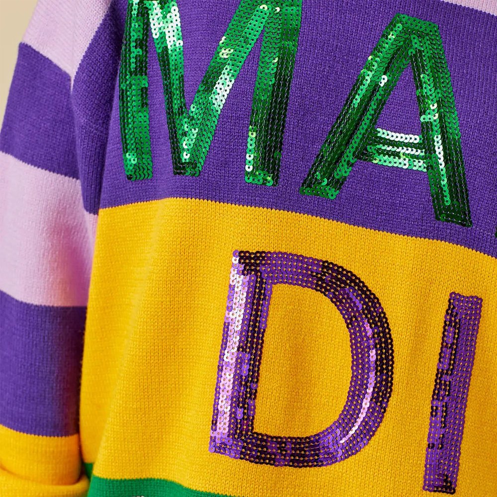 Custom Wholesale Women Mardi Gras Stripe Color Block Sweater Crew Neck Knitted Pullover Sequin Mardi Gras Apparel For Women