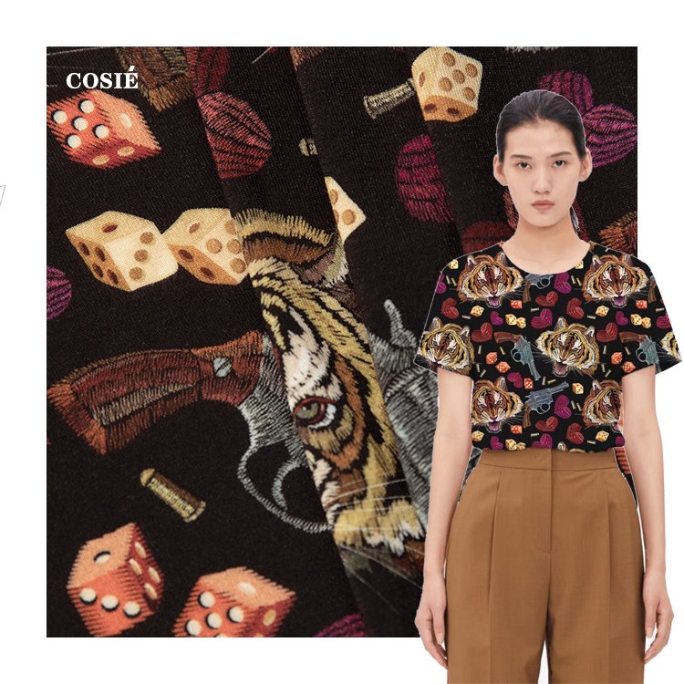 Digital Printed Embroidery Effect Tiger Heart Gun Pattern Design 95% Rayon 5% Spandex Knit Fabric 190gsm for Women Cloth