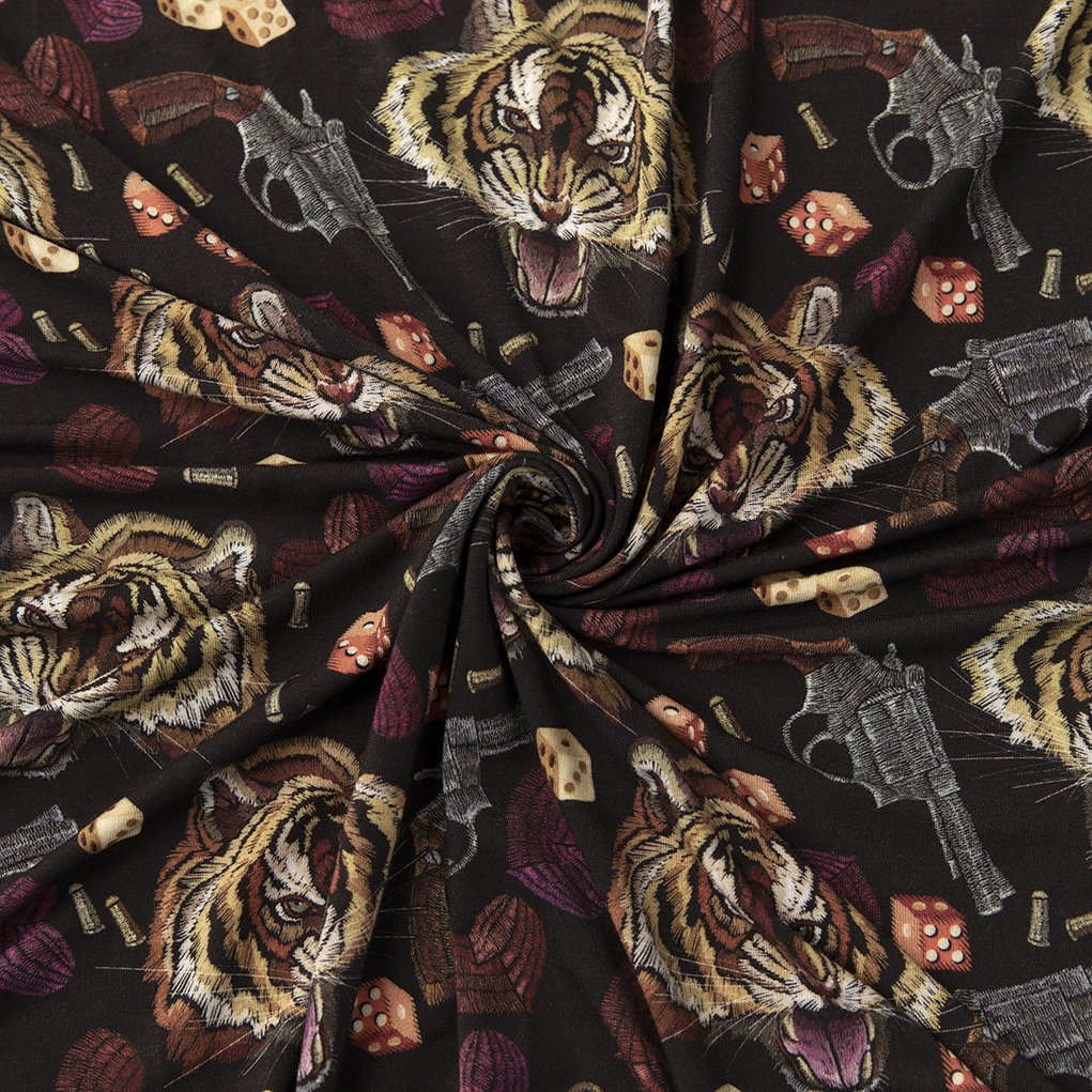 Digital Printed Embroidery Effect Tiger Heart Gun Pattern Design 95% Rayon 5% Spandex Knit Fabric 190gsm for Women Cloth