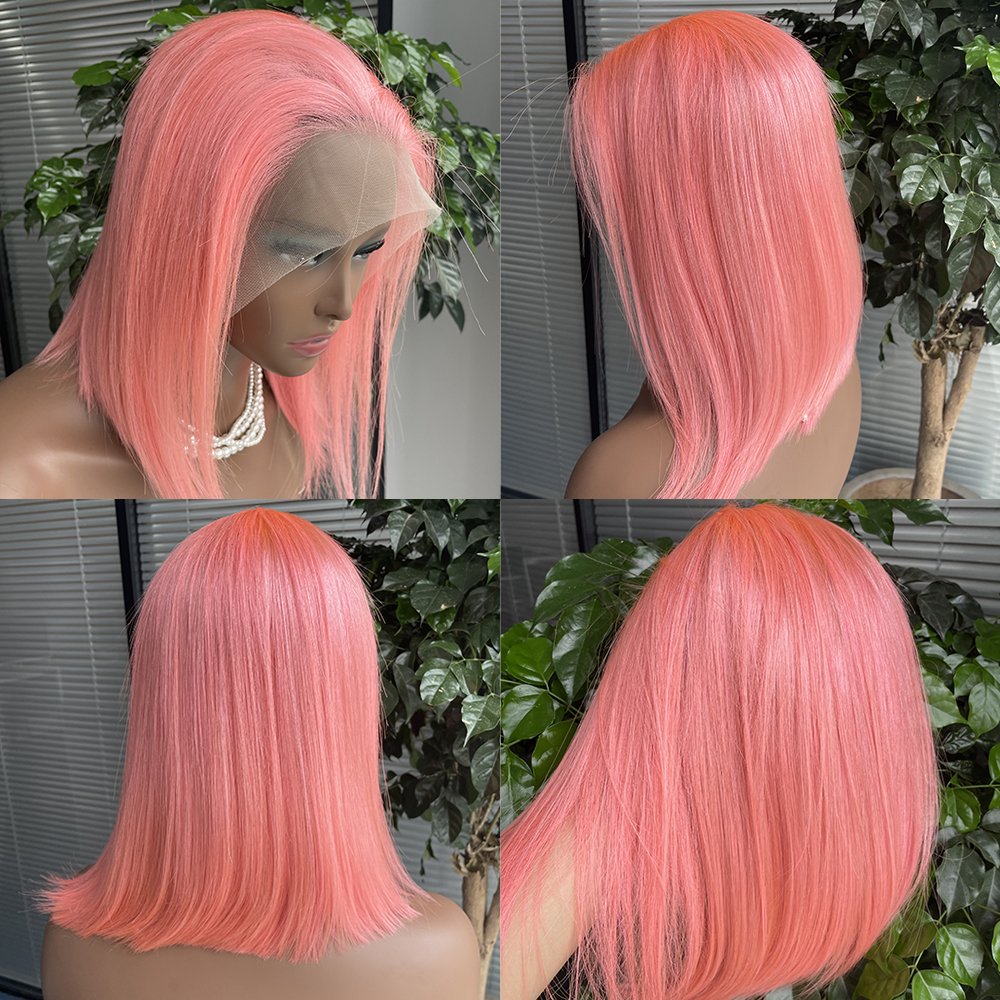 Brazilian Hair Bob Lace Front Wigs Human Hair 180% Density Pink Colored Short Bob Wigs Straight 13X4 Colored Lace Frontal Wig