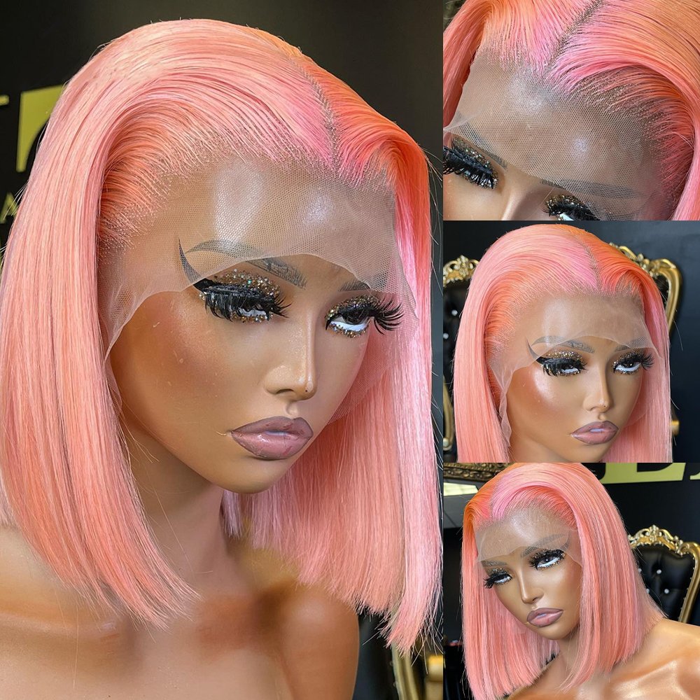 Brazilian Hair Bob Lace Front Wigs Human Hair 180% Density Pink Colored Short Bob Wigs Straight 13X4 Colored Lace Frontal Wig