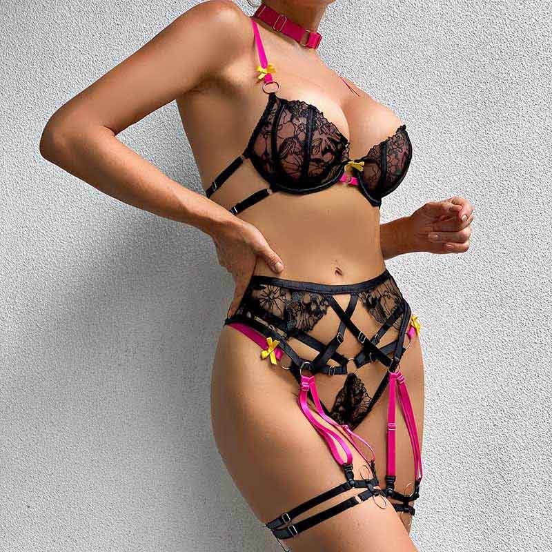 High Quality Color Contrast Four-Piece Erotic Lace Sexy Women'S Sexy Lingerie Set
