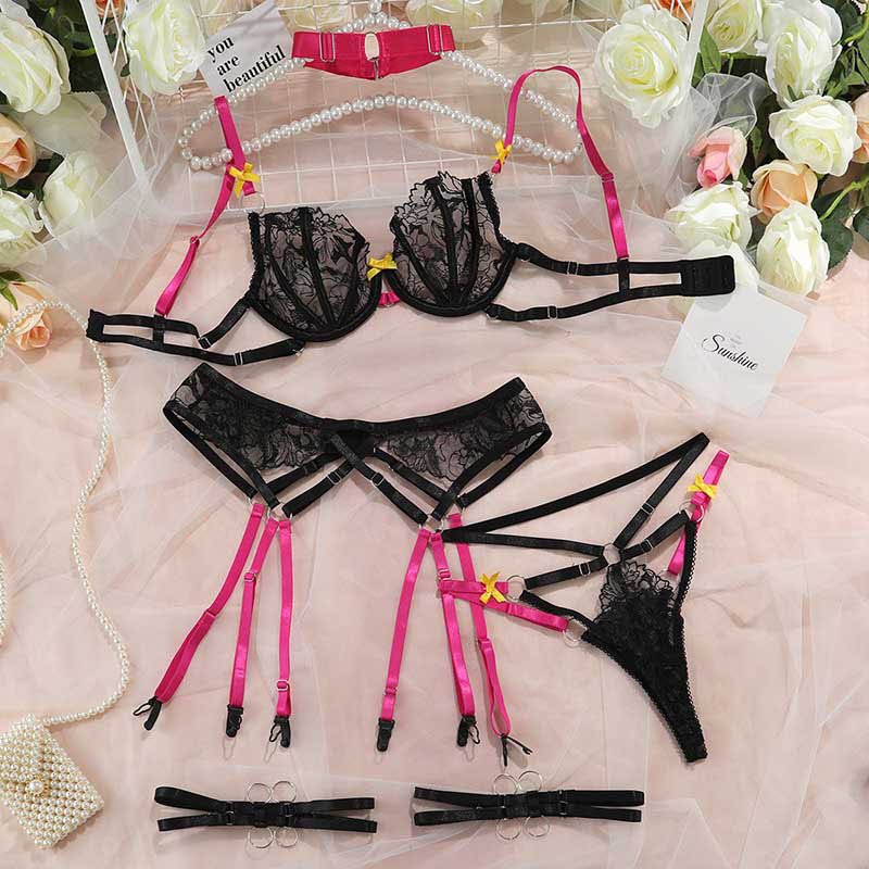 High Quality Color Contrast Four-Piece Erotic Lace Sexy Women'S Sexy Lingerie Set