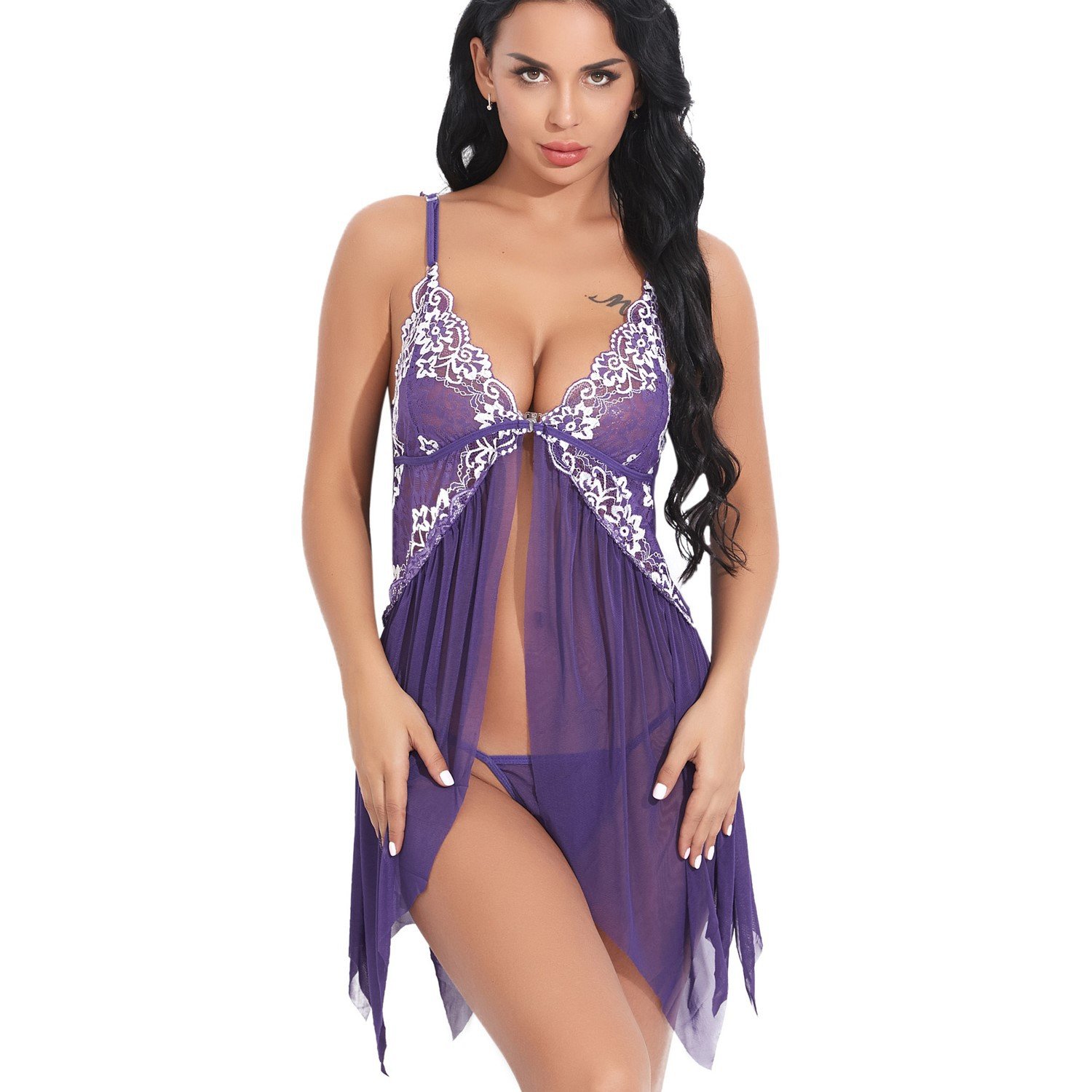 Wholesale Women's fashion deep V sexy lace translucent suspender nightdress cheap hot Selling sexy lingerie at night