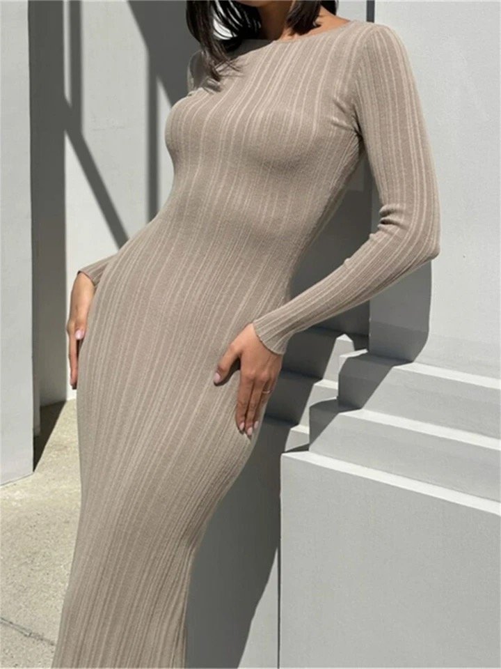 Street Party Simple Style Solid Color Long Sleeve O Neck Wrapped Pencil Dress Fall Casual Knit Ribbed Bodycon Long Dress