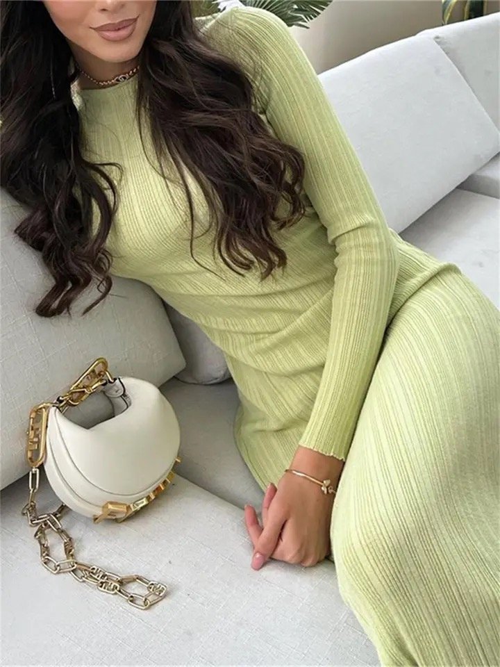 Street Party Simple Style Solid Color Long Sleeve O Neck Wrapped Pencil Dress Fall Casual Knit Ribbed Bodycon Long Dress