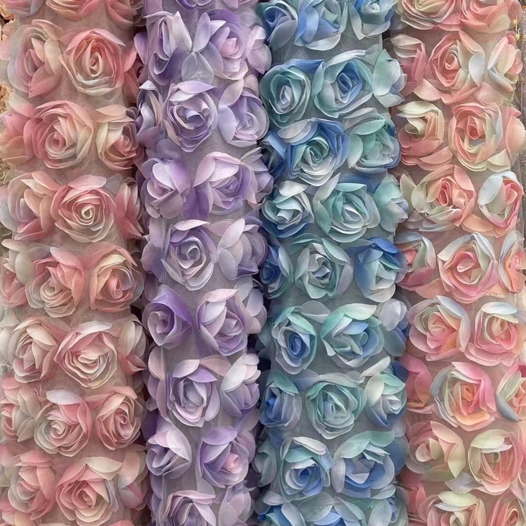 Multi Col Chiffon Lace 3D Rose Fabric Blossom Flower Lace Fabric for Bridal Evening Dress Chiffon Trim Wedding Costume 51 inches
