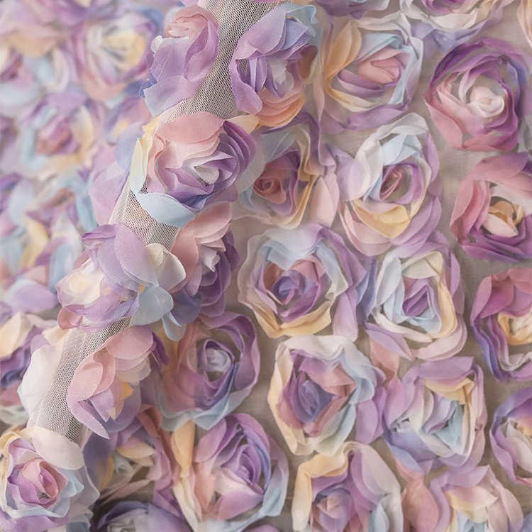 Multi Col Chiffon Lace 3D Rose Fabric Blossom Flower Lace Fabric for Bridal Evening Dress Chiffon Trim Wedding Costume 51 inches