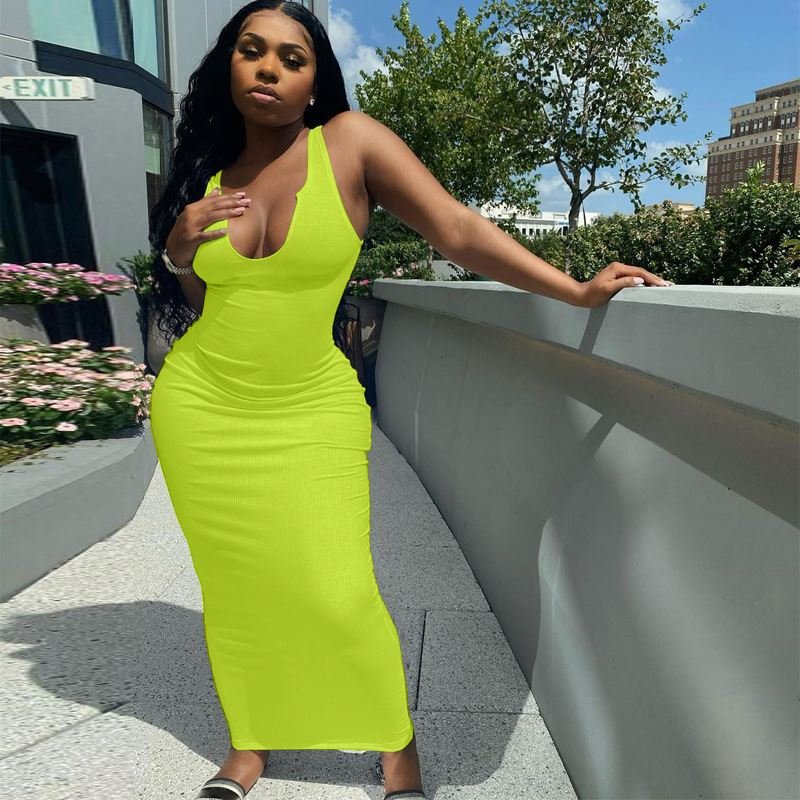 Dropshipping women clothing ribbed tank top dress summer knitted sleeveless V neck bodycon dresses 2022
