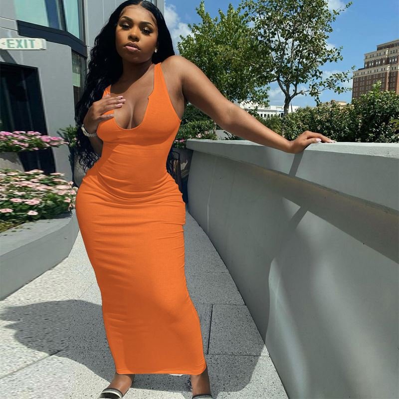 Dropshipping women clothing ribbed tank top dress summer knitted sleeveless V neck bodycon dresses 2022