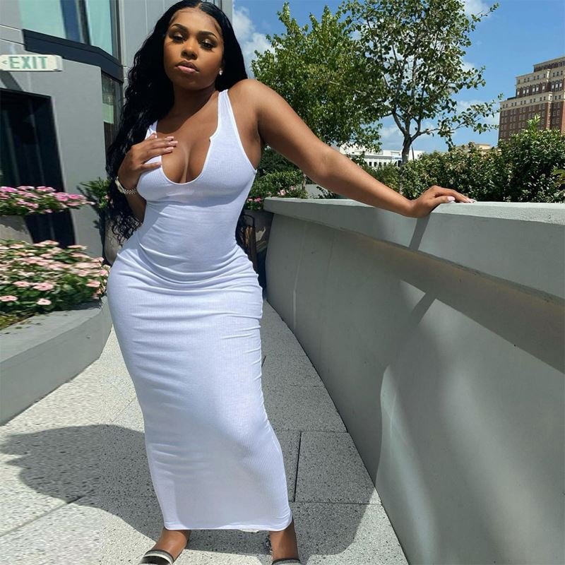 Dropshipping women clothing ribbed tank top dress summer knitted sleeveless V neck bodycon dresses 2022