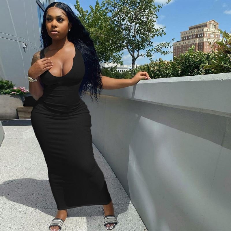 Dropshipping women clothing ribbed tank top dress summer knitted sleeveless V neck bodycon dresses 2022