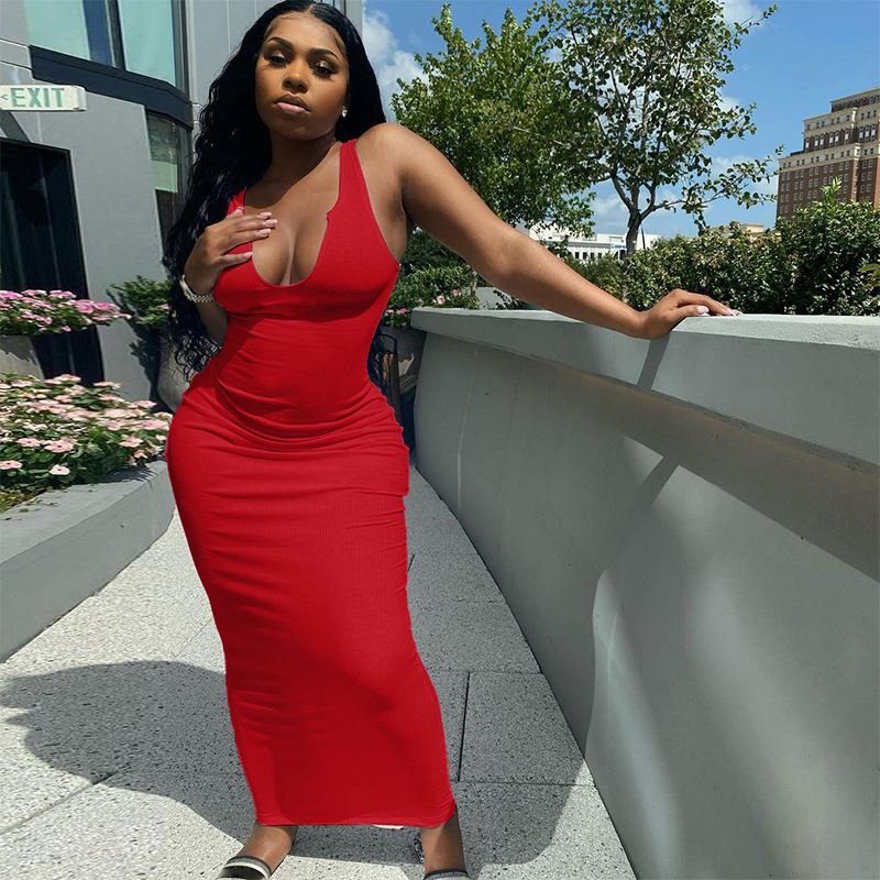 Dropshipping women clothing ribbed tank top dress summer knitted sleeveless V neck bodycon dresses 2022