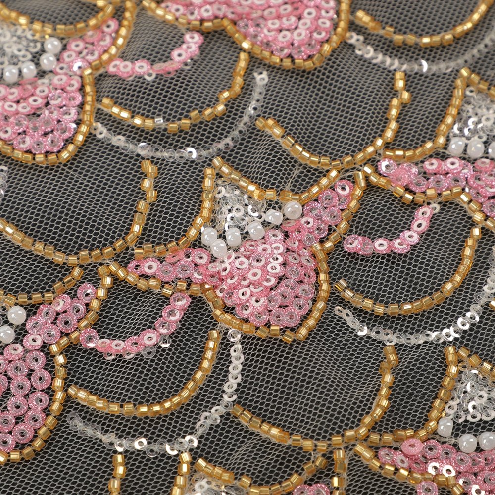Modern Latest Custom-Made Pearl Arch Shape Sequins Embroidery Fabric Tulle Lace Pink Beaded