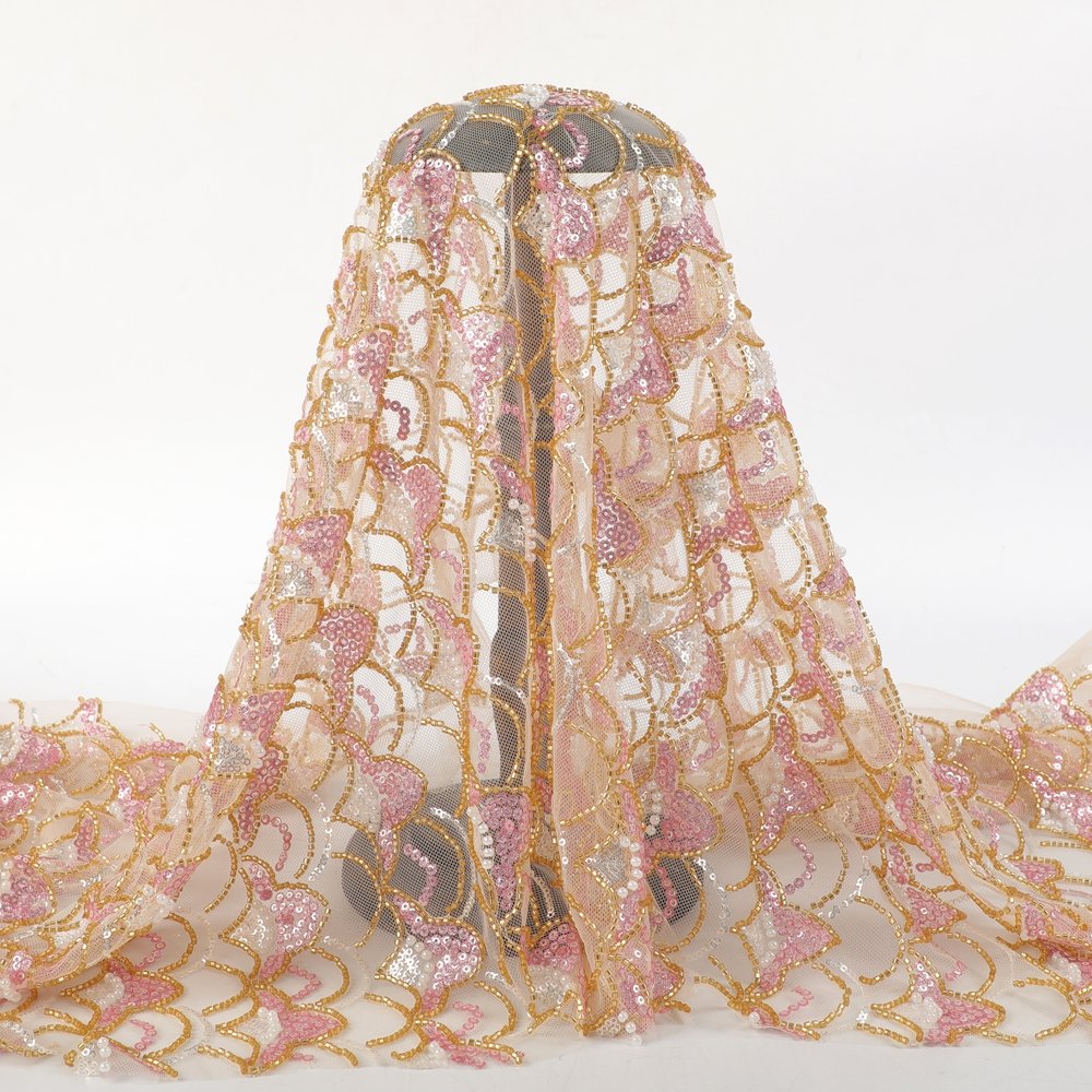 Modern Latest Custom-Made Pearl Arch Shape Sequins Embroidery Fabric Tulle Lace Pink Beaded