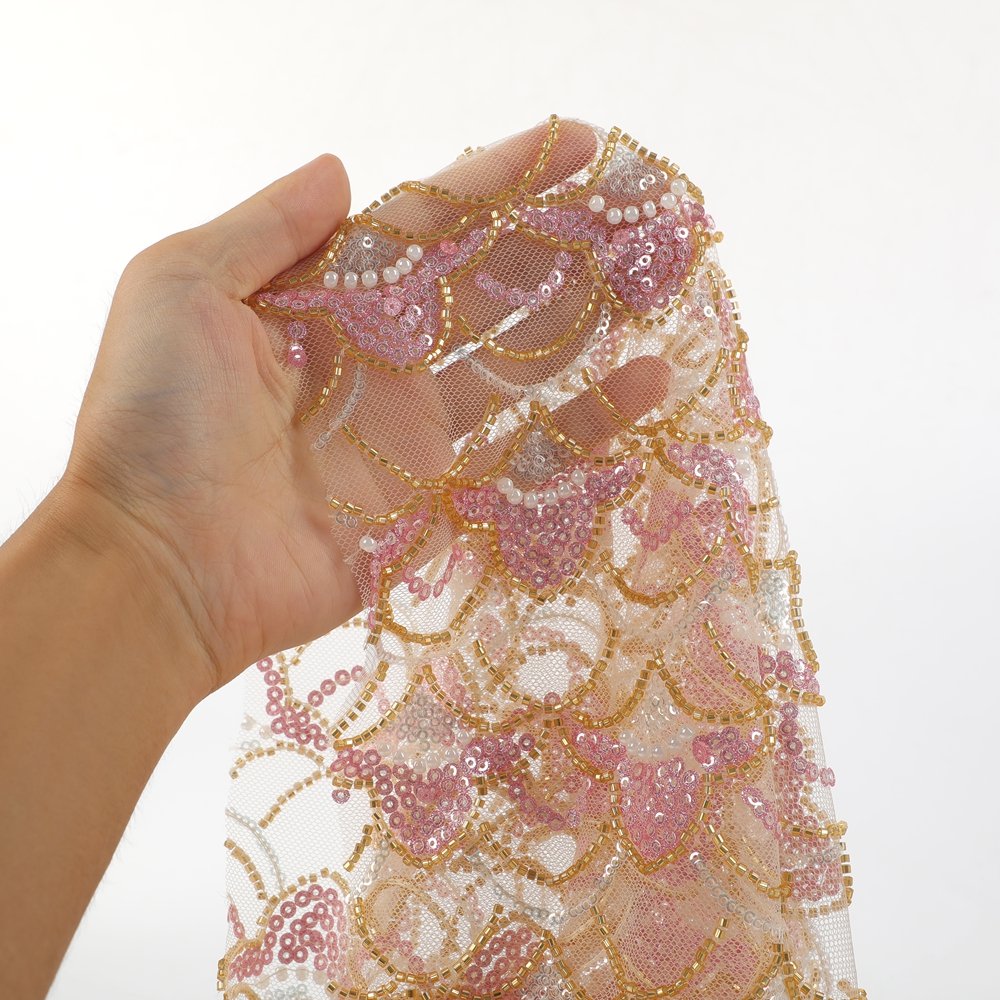 Modern Latest Custom-Made Pearl Arch Shape Sequins Embroidery Fabric Tulle Lace Pink Beaded