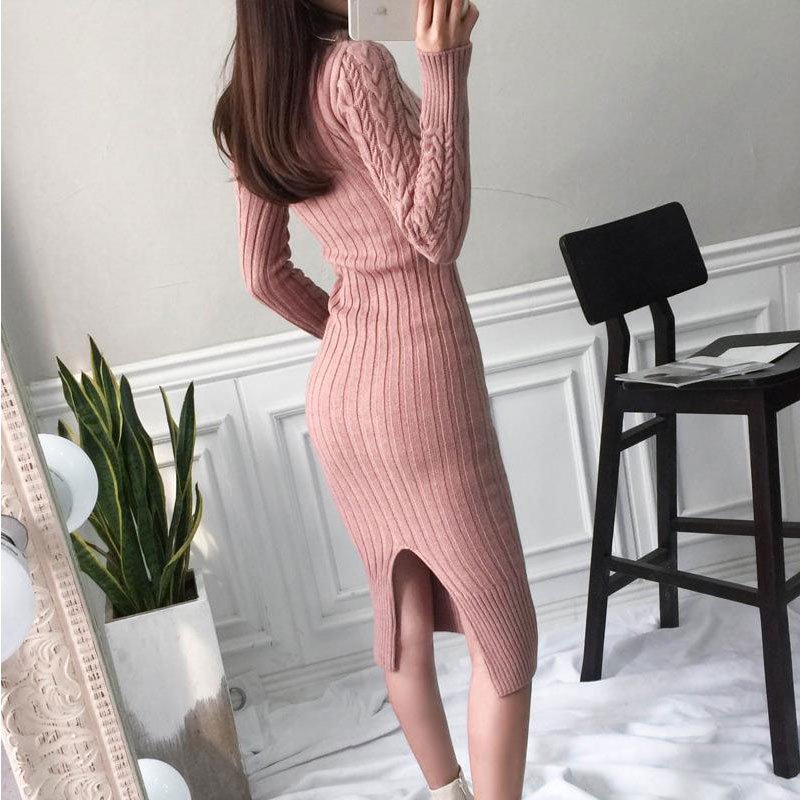 Custom Slim Bodycon Thin Hour Glass Shape Cable Twisted High Pull Neck Women Wrap Hip Split High Waist Knit Over The Knee Dress