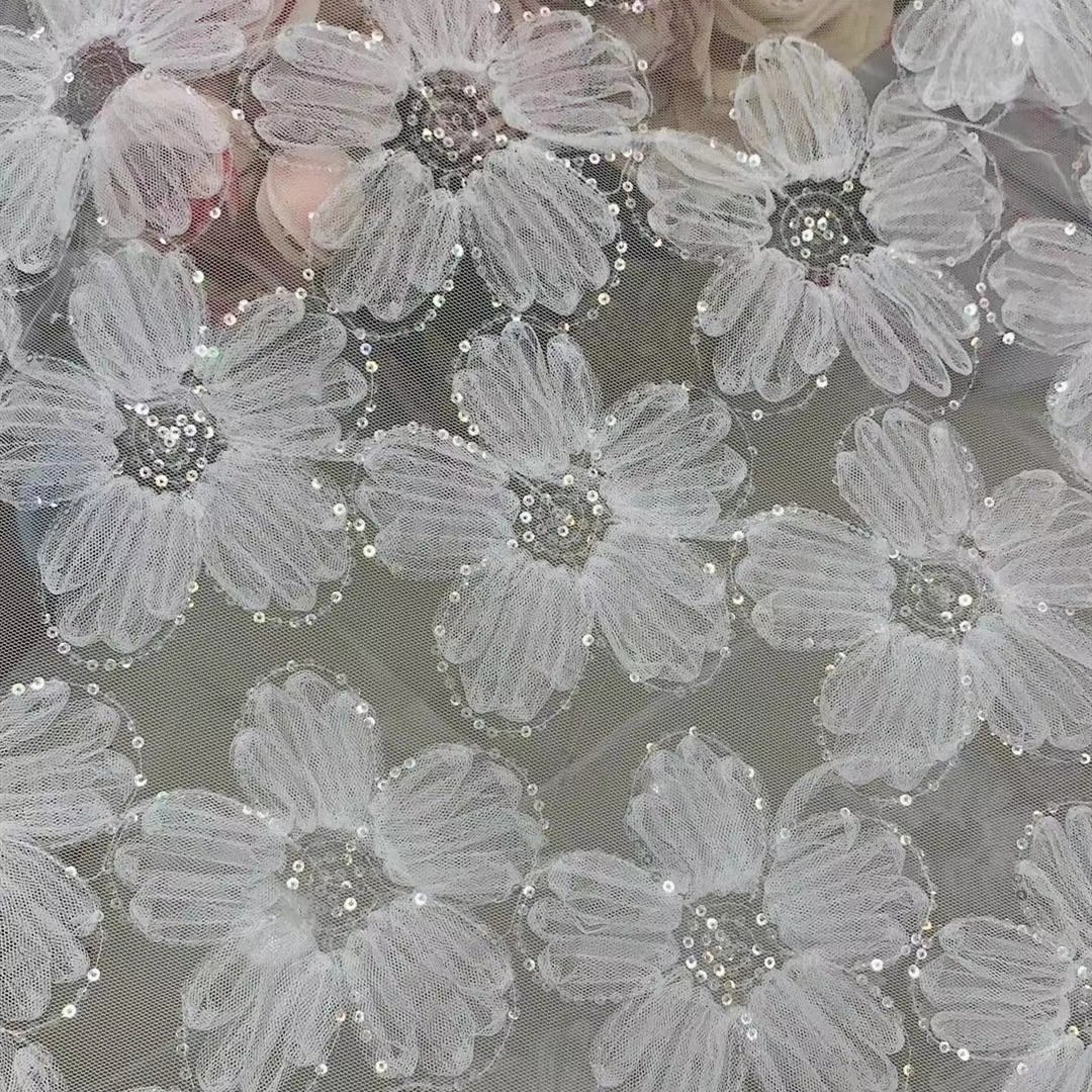 Width 150 cm Polyester sequins Embroidery organza 3 d Mesh French Fabric flowers tulle Lace Fabric for wedding Dress
