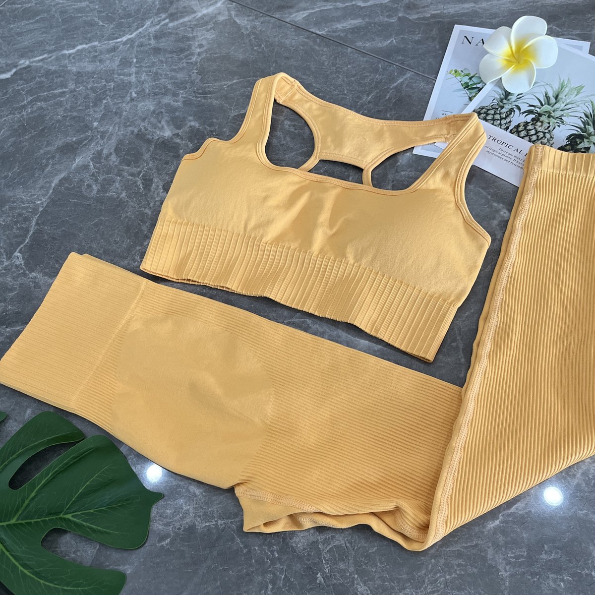 exercise fitness yellow ribbed long sleeve yoga set gym two-piece running black seamless fitness wear Sports bra leggings set
