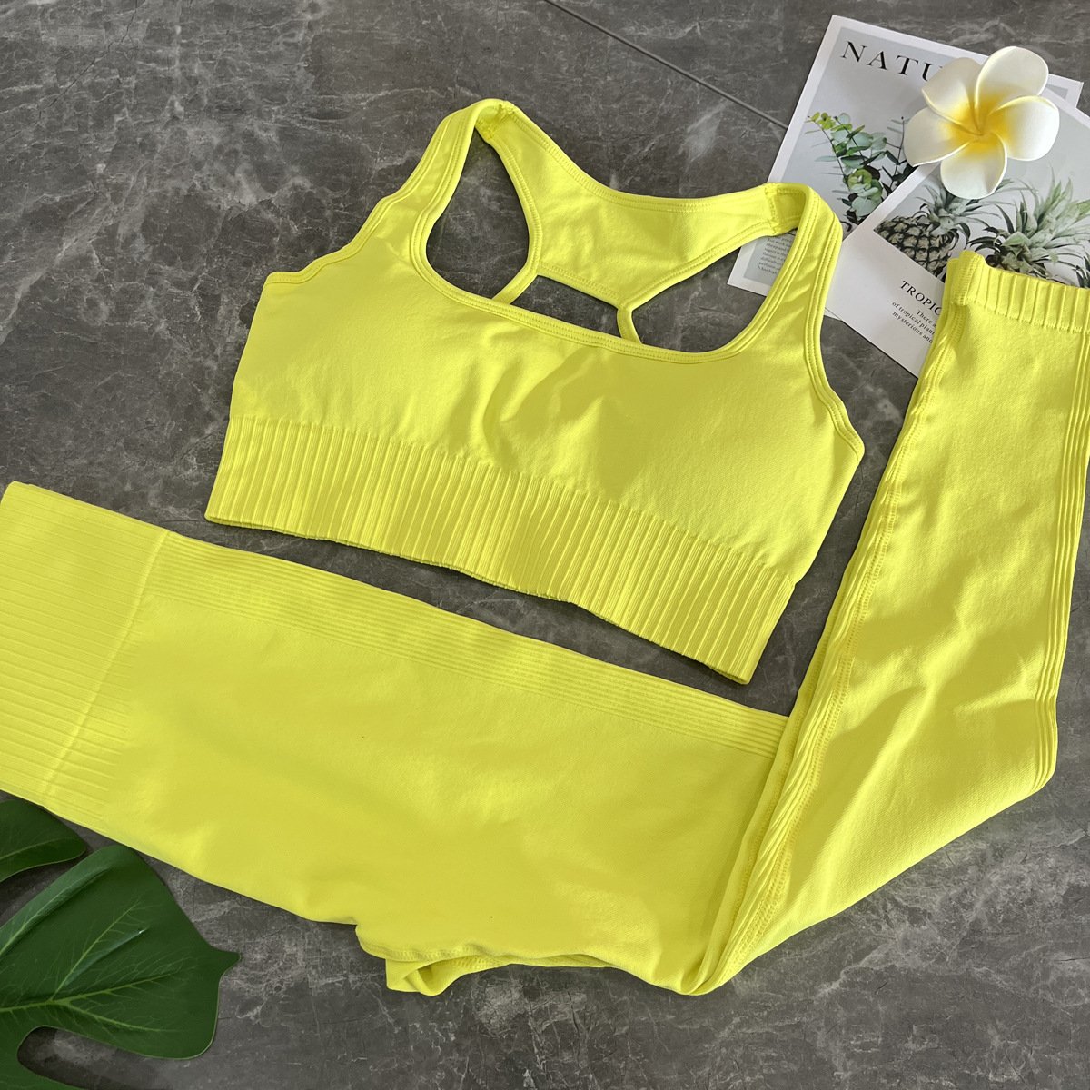 exercise fitness yellow ribbed long sleeve yoga set gym two-piece running black seamless fitness wear Sports bra leggings set