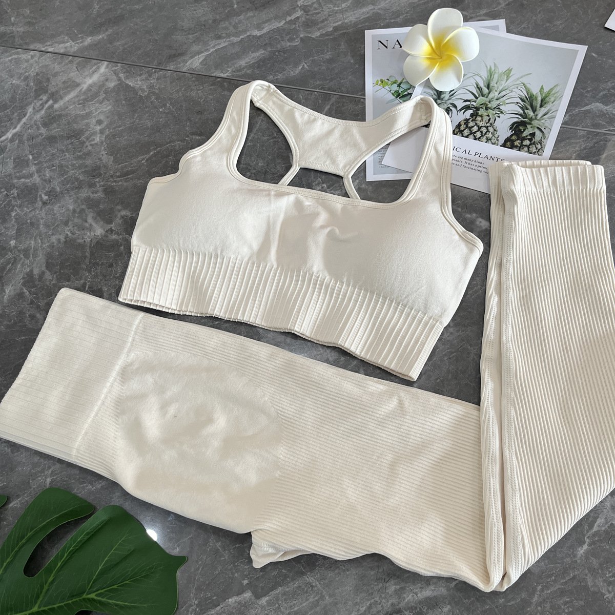 exercise fitness yellow ribbed long sleeve yoga set gym two-piece running black seamless fitness wear Sports bra leggings set
