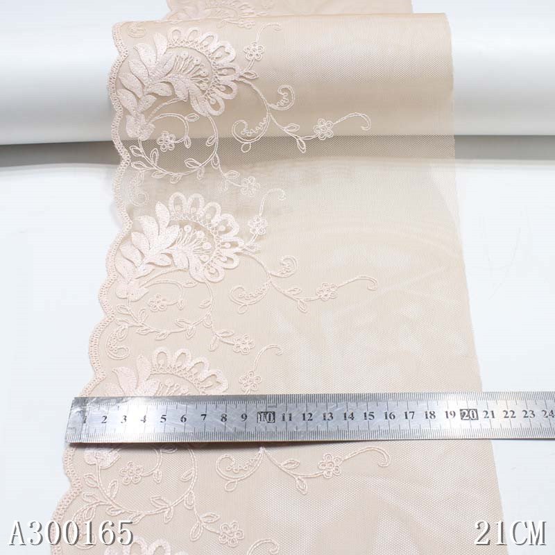 OEM Fresh 21CM Savannah Tan Tulle Vivid Flower Wave Edge Embroidery Lace Voile Embroidered Lace Trim Fabric For Women
