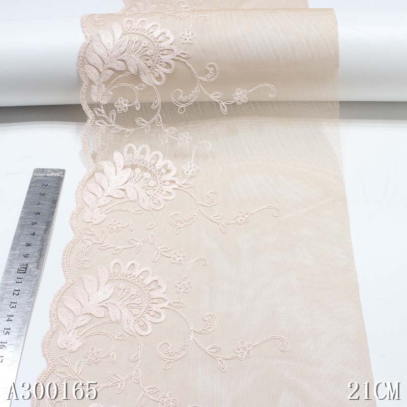OEM Fresh 21CM Savannah Tan Tulle Vivid Flower Wave Edge Embroidery Lace Voile Embroidered Lace Trim Fabric For Women