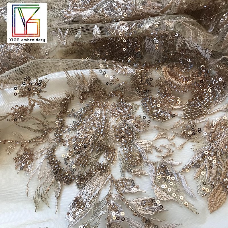 supplier Hot sales products Apricot knitted Tulle beaded Sequins embroidery with laces fabrics for women