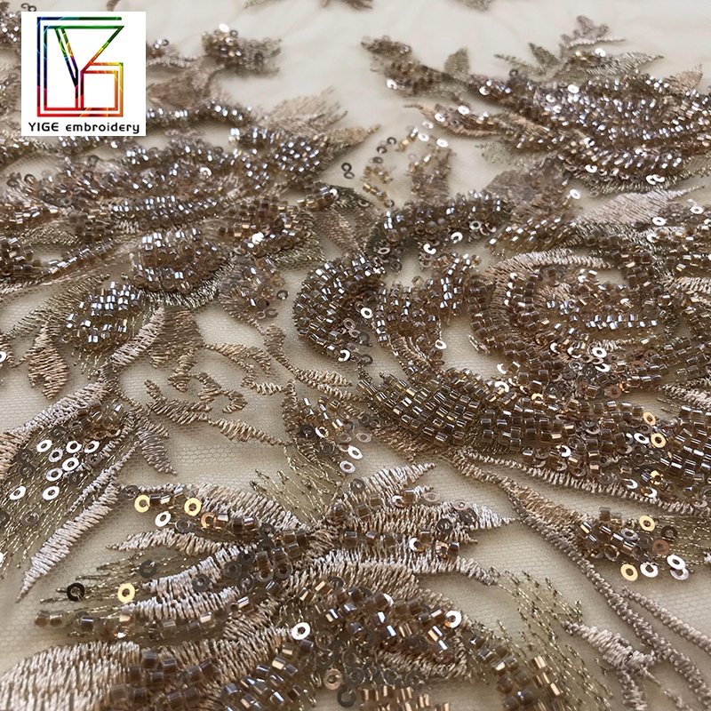 supplier Hot sales products Apricot knitted Tulle beaded Sequins embroidery with laces fabrics for women
