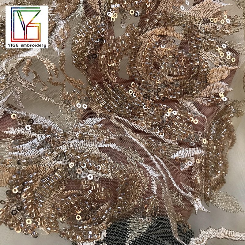 supplier Hot sales products Apricot knitted Tulle beaded Sequins embroidery with laces fabrics for women