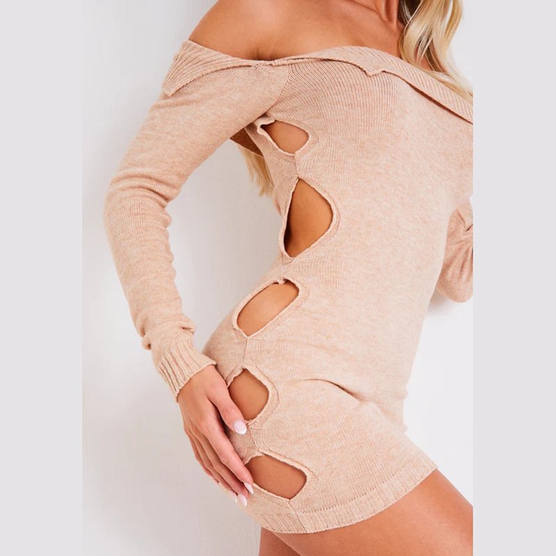 Peeqi Bargain Cheap price Autumn long sleeve off shoulder hollow out mini dress casual elegant sweater rib knitted dress women