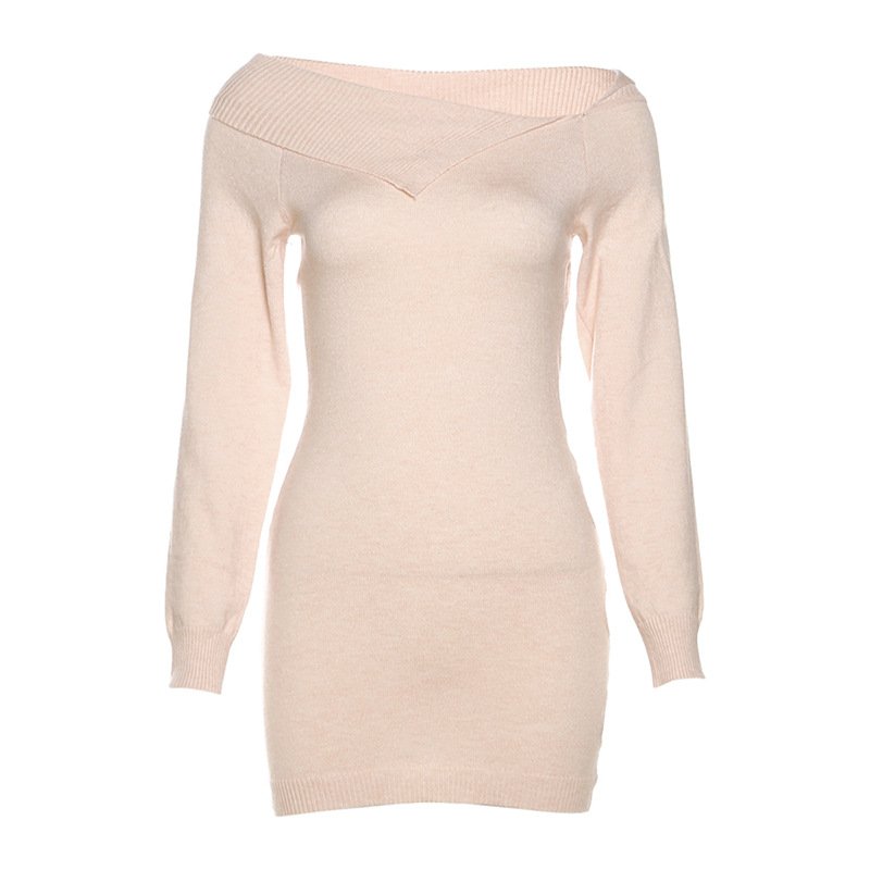 Peeqi Bargain Cheap price Autumn long sleeve off shoulder hollow out mini dress casual elegant sweater rib knitted dress women