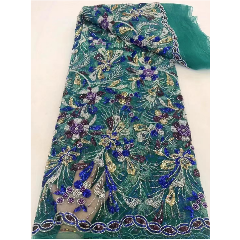 YZWIN Embroidery Latest Super Luxury Dubai African heavy beaded sequins lace Tulle embroidery for Evening Dress Lace Fabric