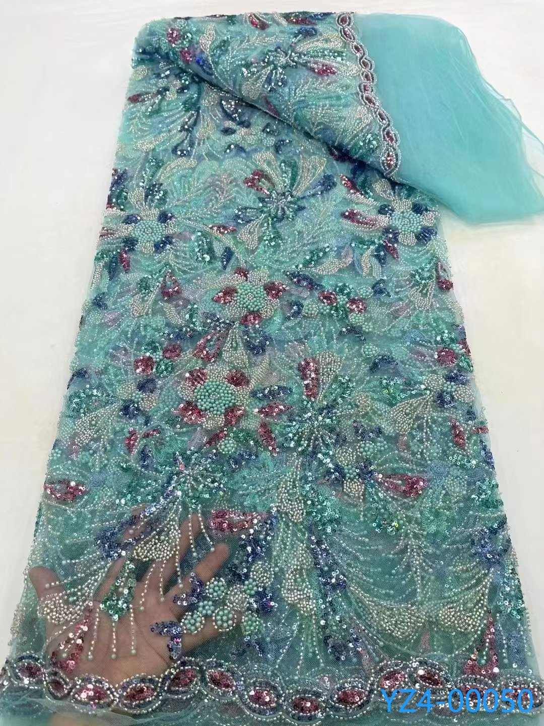 YZWIN Embroidery Latest Super Luxury Dubai African heavy beaded sequins lace Tulle embroidery for Evening Dress Lace Fabric