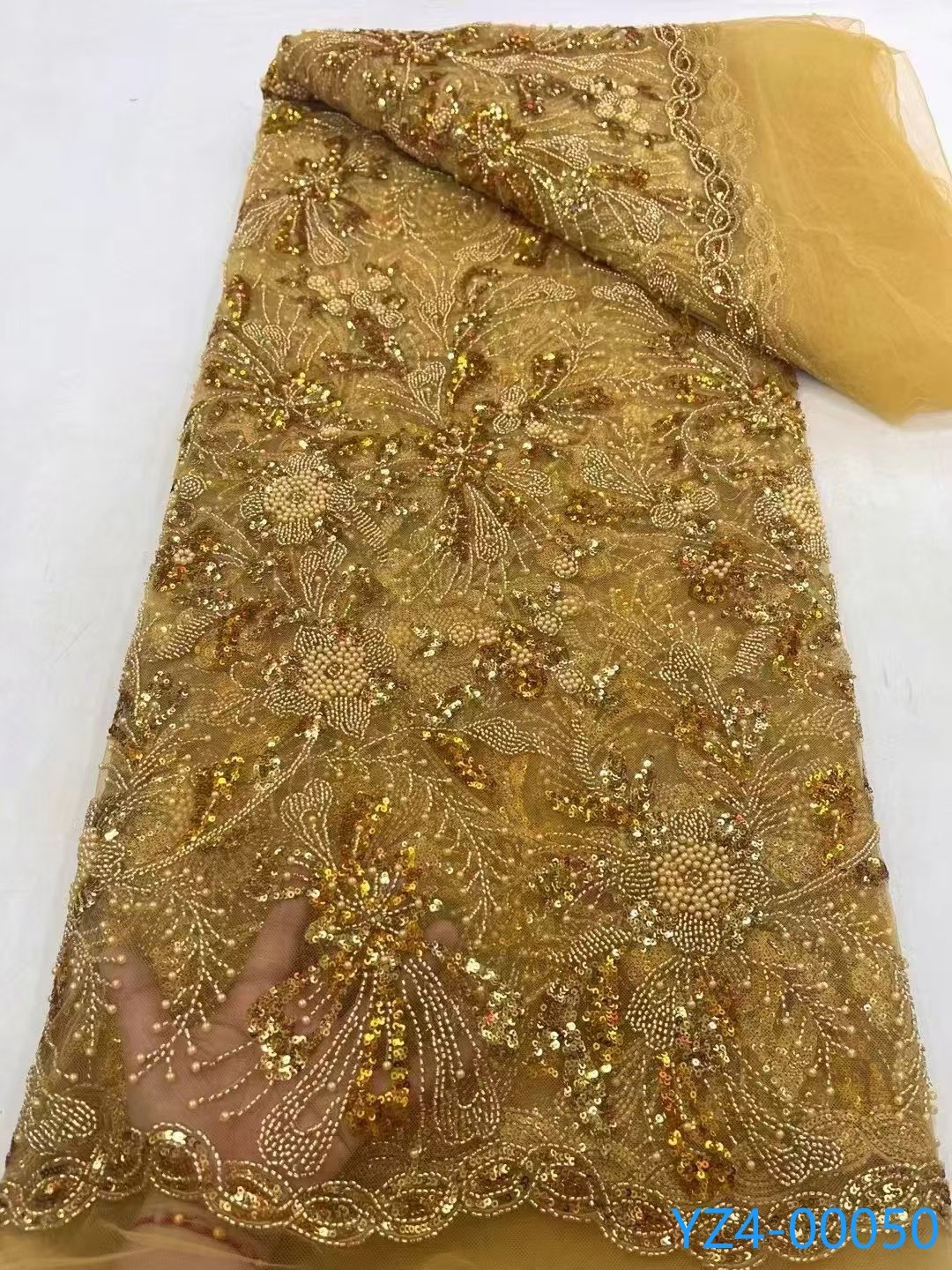 YZWIN Embroidery Latest Super Luxury Dubai African heavy beaded sequins lace Tulle embroidery for Evening Dress Lace Fabric