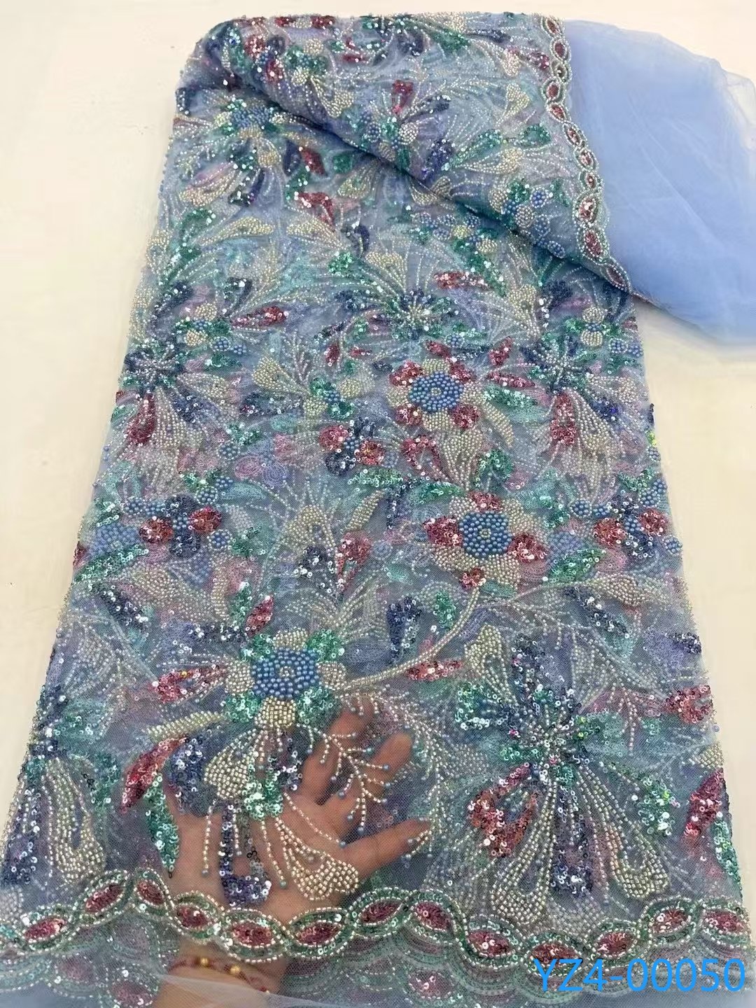 YZWIN Embroidery Latest Super Luxury Dubai African heavy beaded sequins lace Tulle embroidery for Evening Dress Lace Fabric
