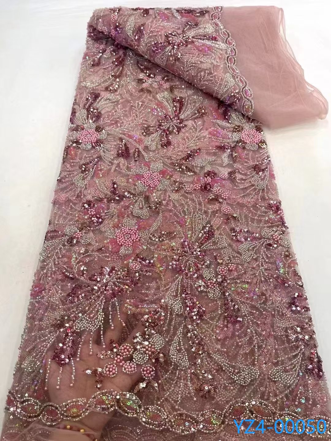 YZWIN Embroidery Latest Super Luxury Dubai African heavy beaded sequins lace Tulle embroidery for Evening Dress Lace Fabric
