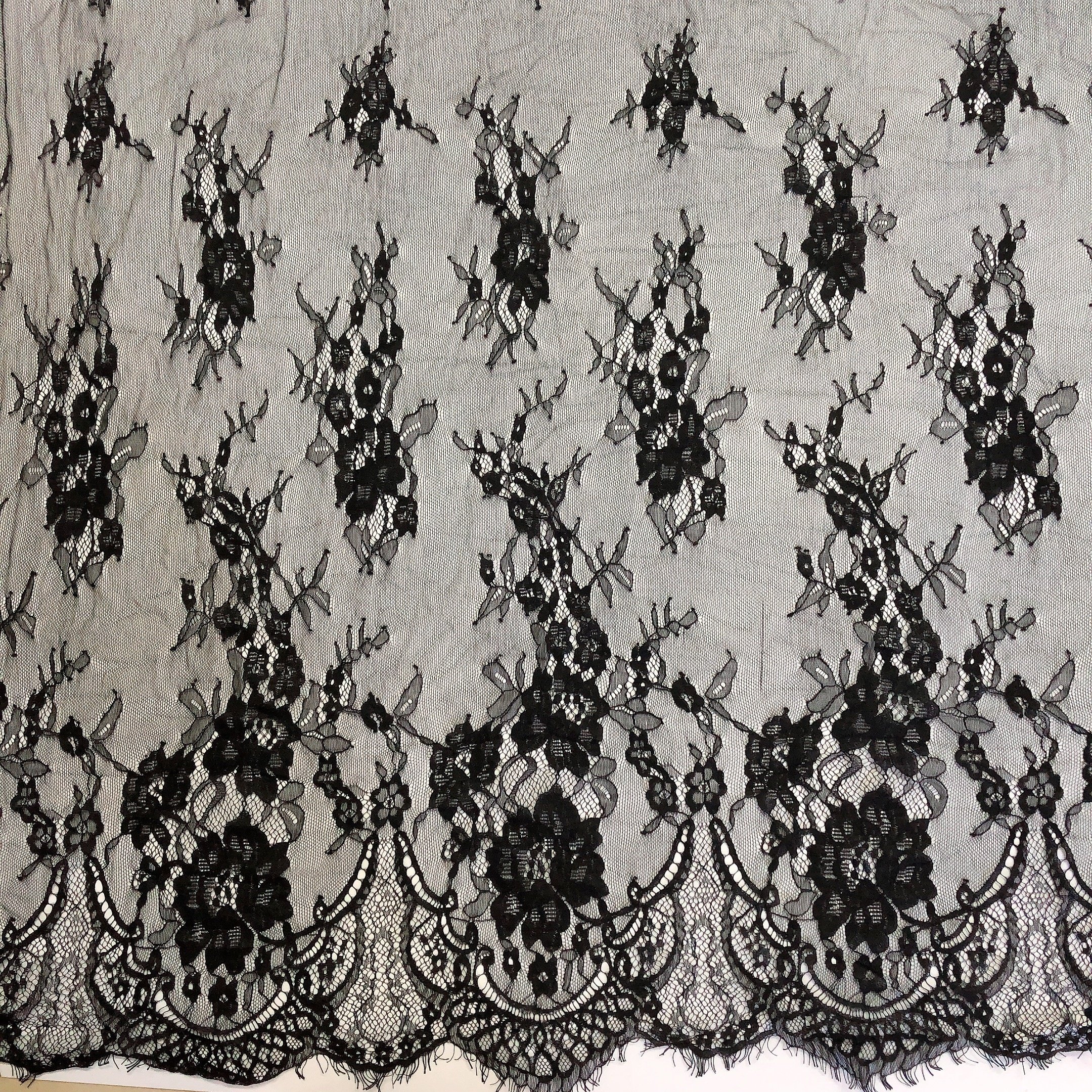 Fancy soft wholesale black eyelash chantilly lace fabric for lingerie/sleepwear