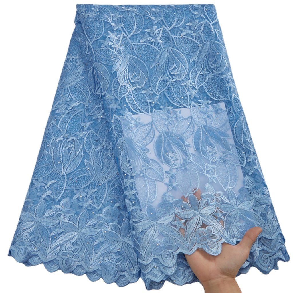 Peach French Women Dress Material Lace Fabric And Stones Flower Embroidery Cheap Wedding Tulle Mesh Fabric For Sew 2822