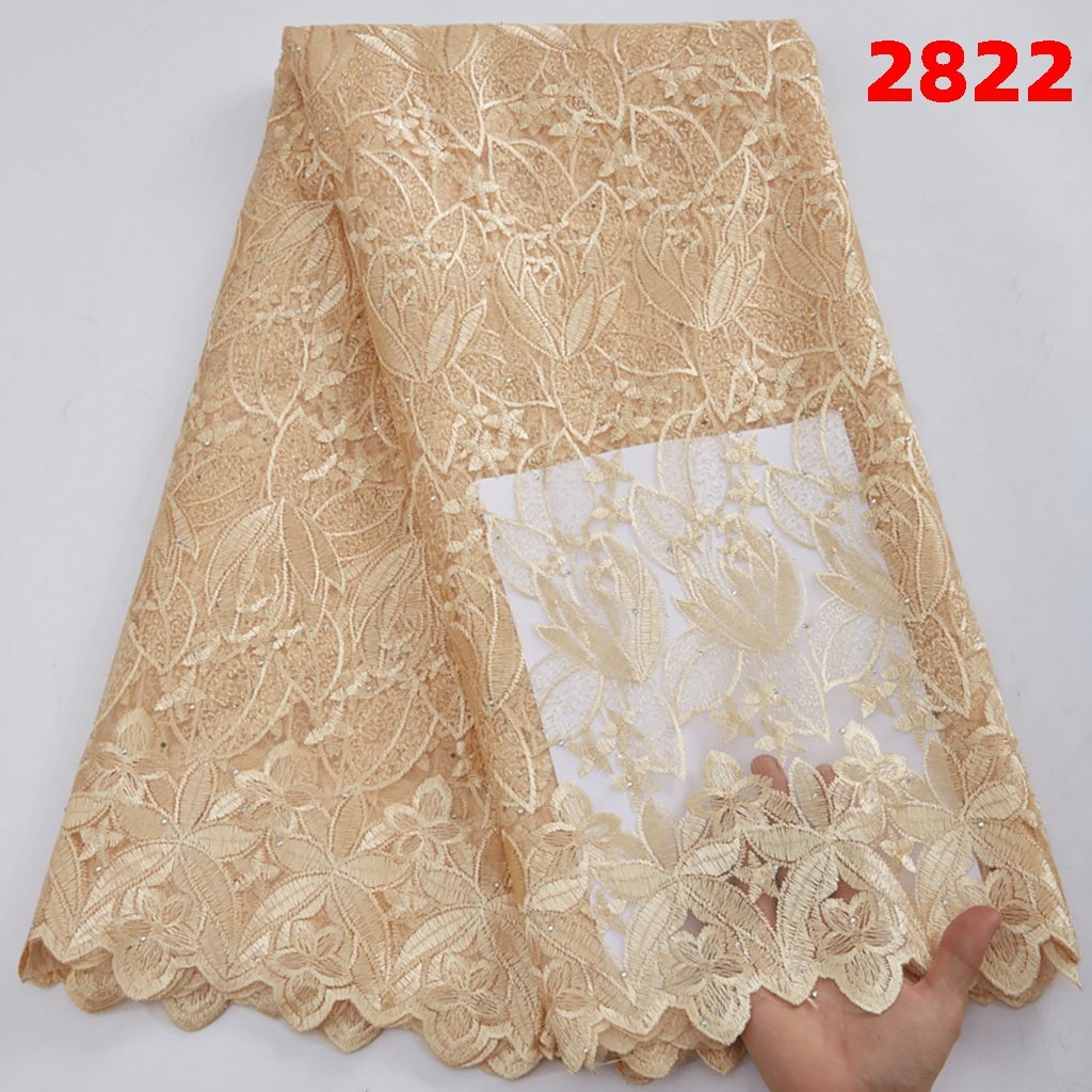 Peach French Women Dress Material Lace Fabric And Stones Flower Embroidery Cheap Wedding Tulle Mesh Fabric For Sew 2822