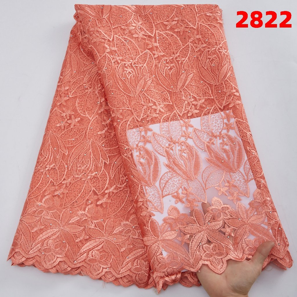 Peach French Women Dress Material Lace Fabric And Stones Flower Embroidery Cheap Wedding Tulle Mesh Fabric For Sew 2822