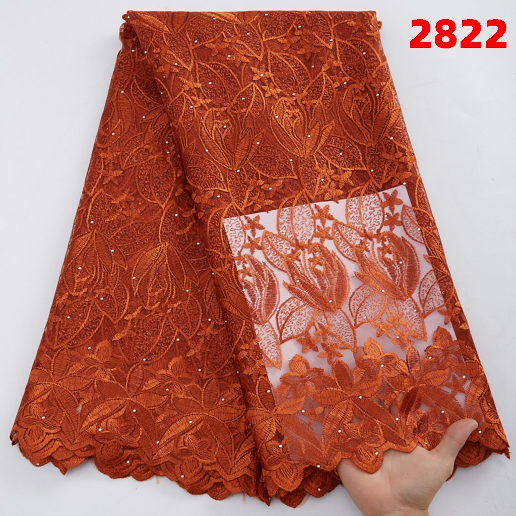 Peach French Women Dress Material Lace Fabric And Stones Flower Embroidery Cheap Wedding Tulle Mesh Fabric For Sew 2822