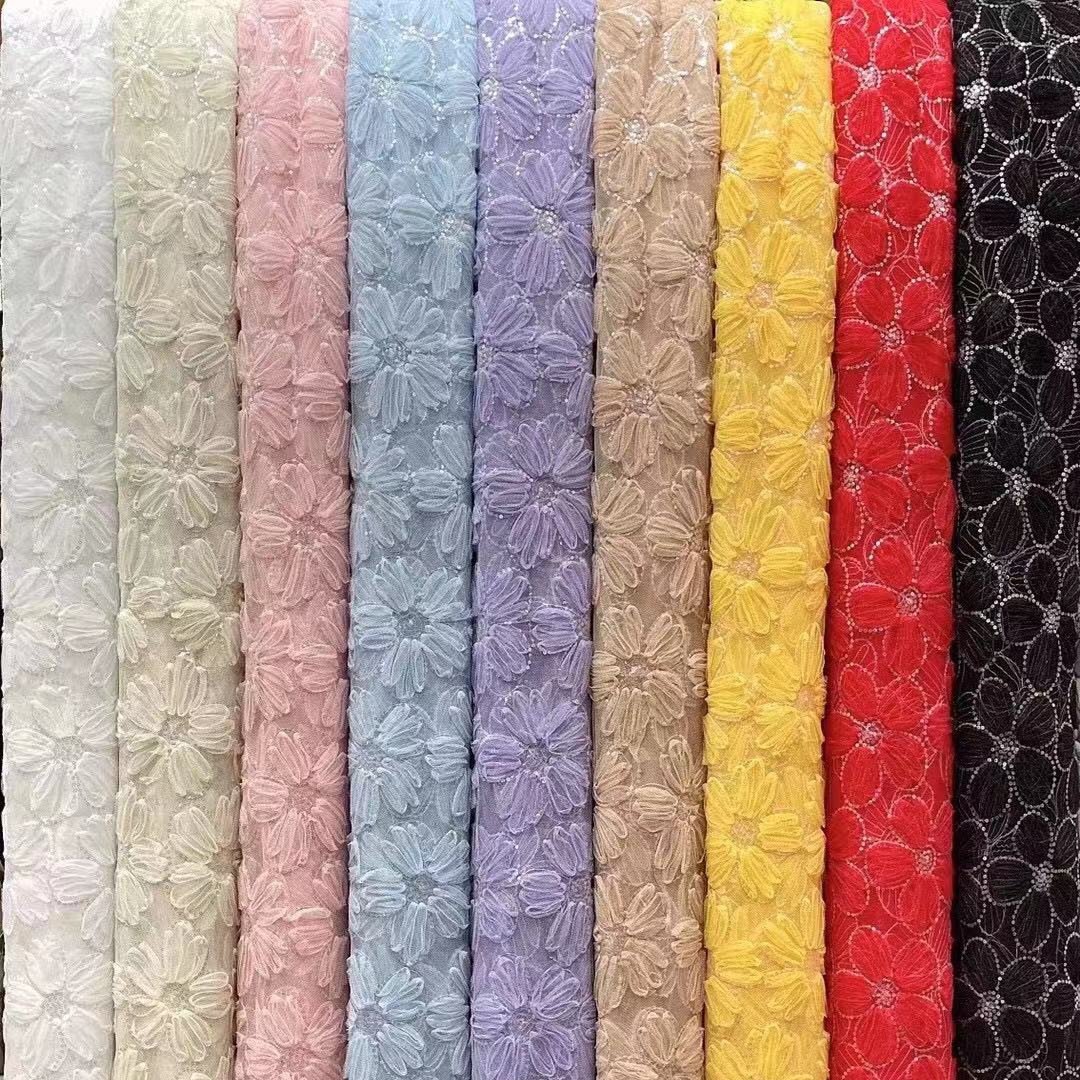 Popular White Bridal Embroidery Beaded Lace Fabric African Sequin Tulle Lace Fabric for Women Dresses