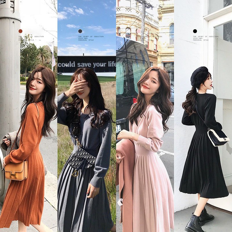 Custom autumn and winter retro temperament high waist long sleeve solid color over the knee pleated knitted A-line dress