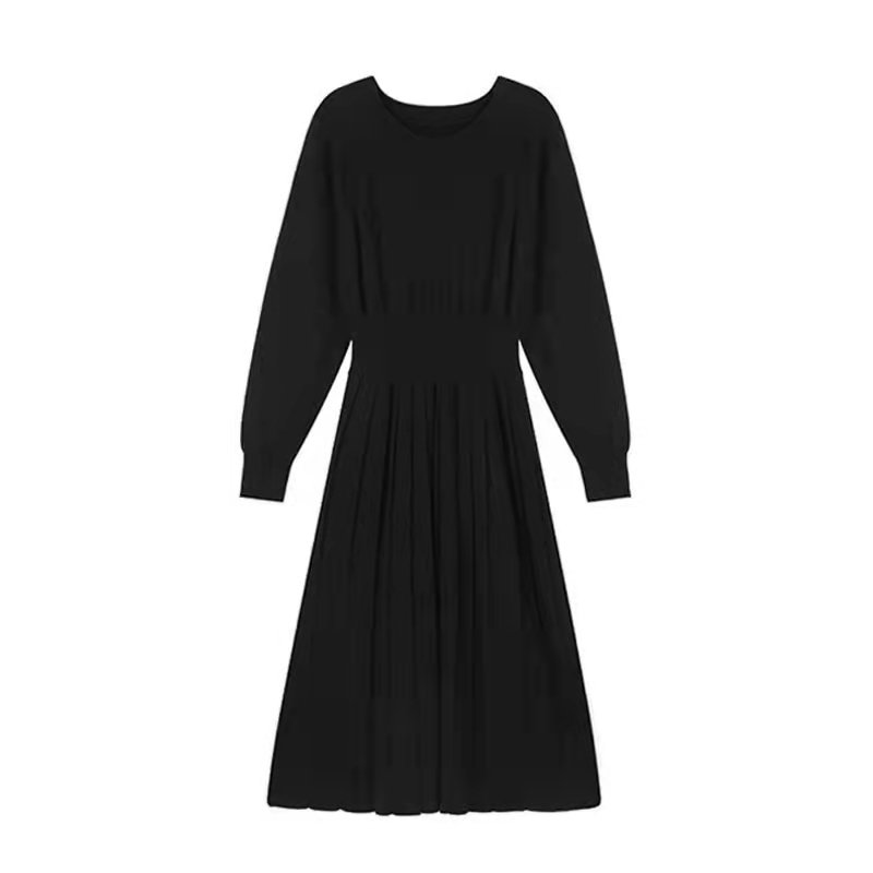 Custom autumn and winter retro temperament high waist long sleeve solid color over the knee pleated knitted A-line dress