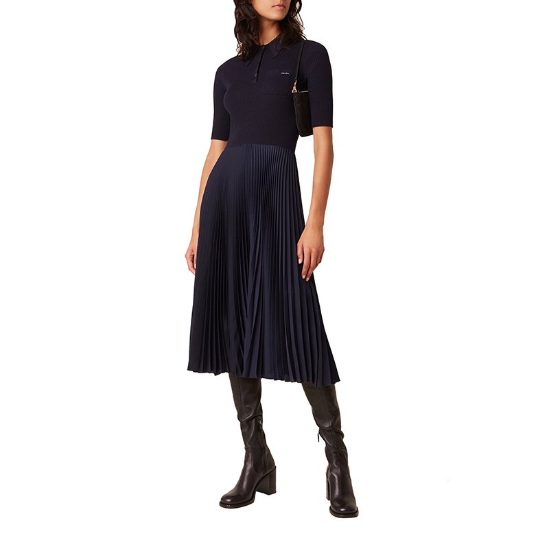 Rib Knit Pleated Midi Dress Ladies Slim Knit Bodysuit Casual Lapel Sweater Dress Factory Customized Autumn Digital Printing 12GG