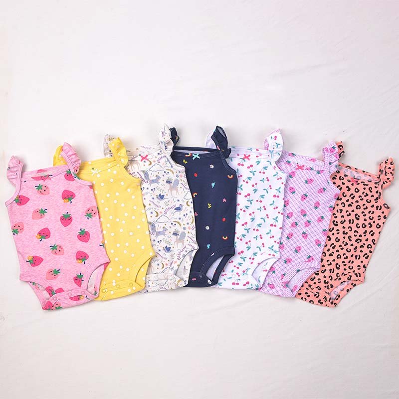 High Quality 6-24 Months Baby Girls Clothes 100% Cotton Baby Onsies Baby Ribbed Summer Bodysuit With Ruffle Sleeves
